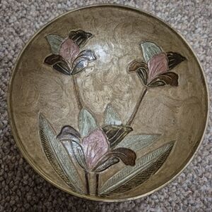 Vintage Floral Enamel Painted Brass Pedestal Gold Tone Bowl Dish Made In India